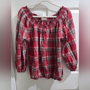 Denim & Supply Ralph Lauren Red, Gray, & White Plaid Half Button-Up Cotton Top